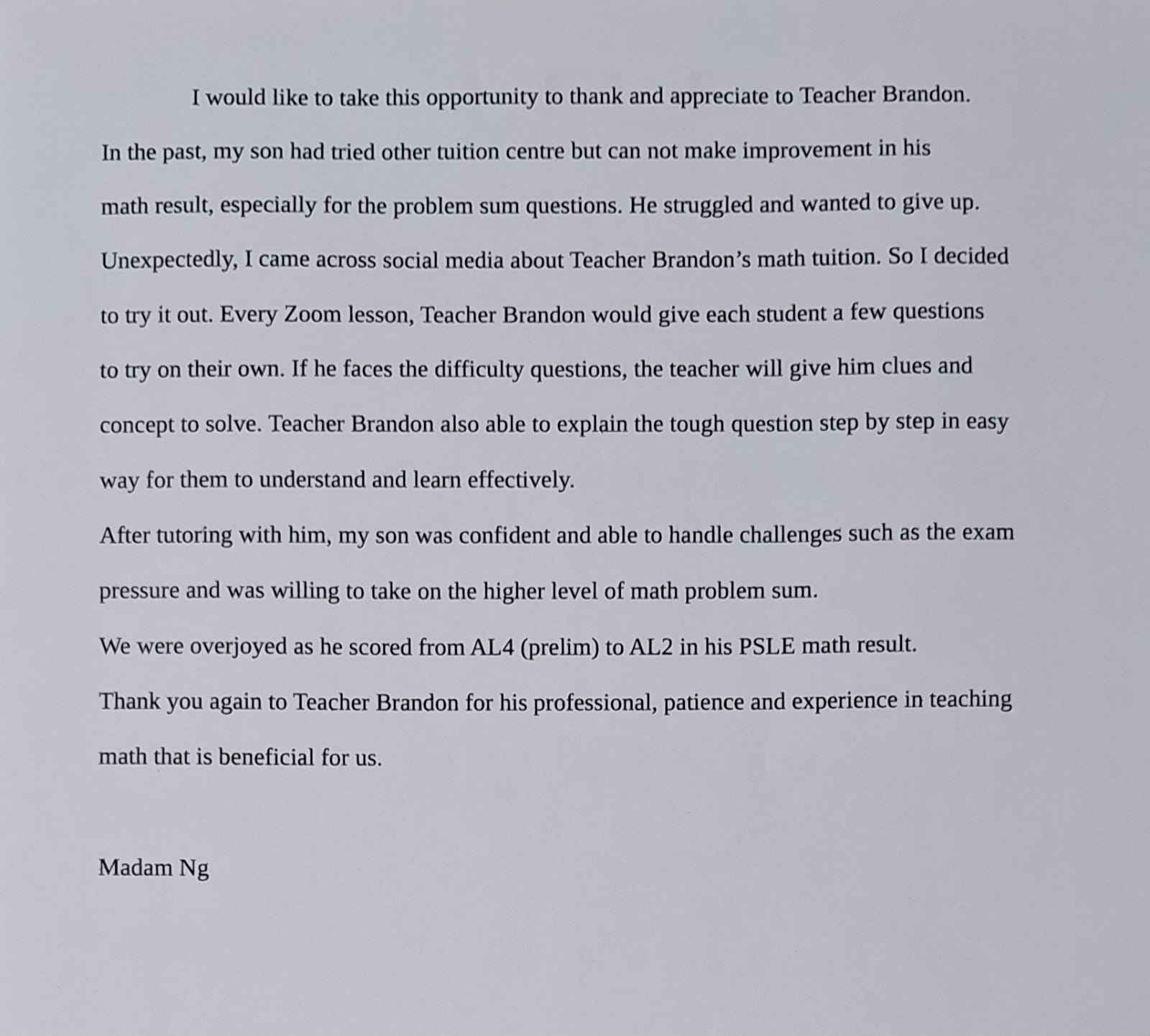 Ng CM PSLE Maths testimonial
